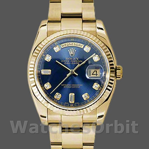 Replica Rolex Day-Date 36mm Unisex-118238 Geelgoud-Blauwe Diamanten Wijzerplaat