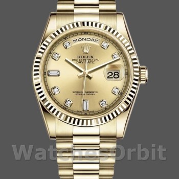 Replica Rolex Day-Date 36mm Unisex-118238 Geelgoud-Diamant Champagne Wijzerplaat Champagne