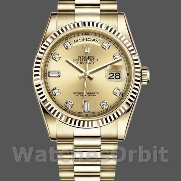 Replica Rolex Day-Date 36mm Unisex-118238 Geelgoud-Diamant Champagne Wijzerplaat Champagne