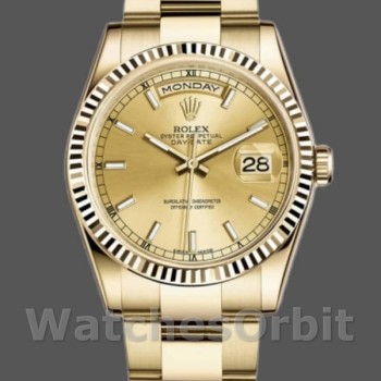 Replica Rolex Day-Date 36mm Unisex-118238 Geelgoud-Splinterglas-Kampagnekleurige Wijzerplaat Luxe