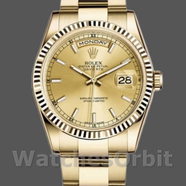 Replica Rolex Day-Date 36mm Unisex-118238 Geelgoud-Splinterglas-Kampagnekleurige Wijzerplaat Luxe