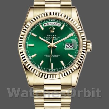 Replica Rolex Day-Date 36mm Unisex-118238 Geelgoud-Splinterband-Groene Wijzerplaat Groen