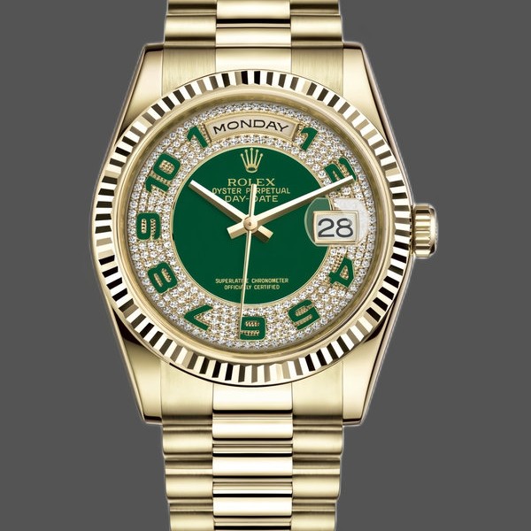 Replica Rolex Day-Date 36mm Unisex-118238 Geelgoud-Groen Diamond Pave Dial Groen