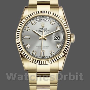 Replica Rolex Day-Date 36mm Unisex-118238 Geelgoud-Zilver Diamanten Wijzerplaat Zilver