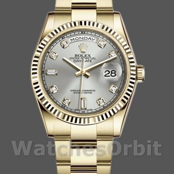 Replica Rolex Day-Date 36mm Unisex-118238 Geelgoud-Zilver Diamanten Wijzerplaat Zilver