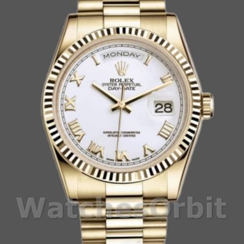 Replica Rolex Day-Date 36mm Unisex-118238 Geelgoud-Witte Wijzerplaat-Gefleerde Ring Wit<br />