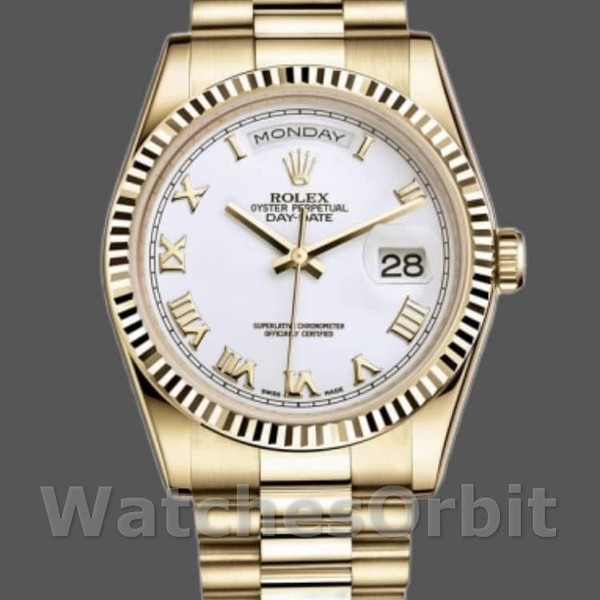 Replica Rolex Day-Date 36mm Unisex-118238 Geelgoud-Witte Wijzerplaat-Gefleerde Ring Wit<br />
