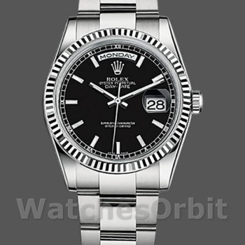Replica Rolex Day-Date 36mm Unisex-118239-Zwarte wijzerplaat-Gefleerde lunette Zwart