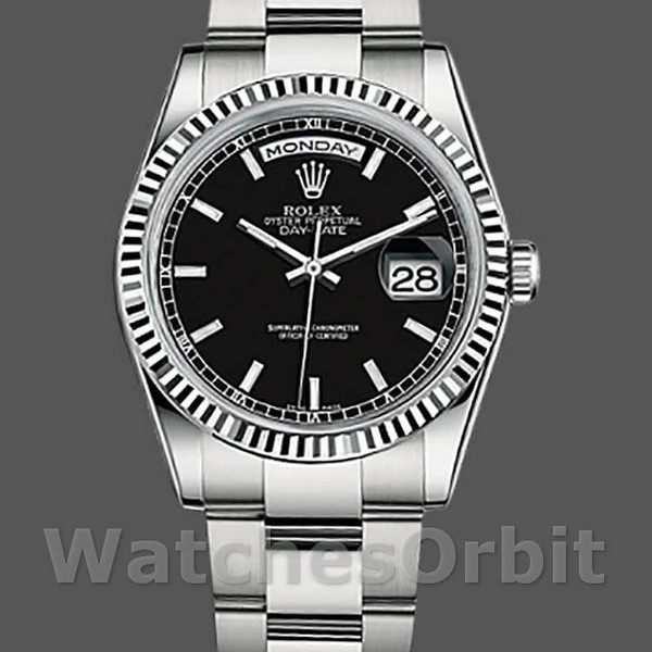 Replica Rolex Day-Date 36mm Unisex-118239-Zwarte wijzerplaat-Gefleerde lunette Zwart