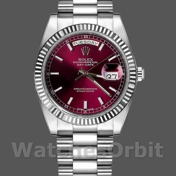 Replica Rolex Day-Date 36mm voor dames-118239-Kersrode wijzerplaat-Geflutste ring Kers