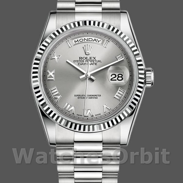 Replica Rolex Day-Date 36mm unisex-118239-Rhodium Roman Dial-Wit Goud Rhodium