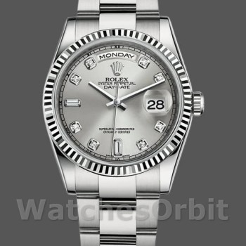 Replica Rolex Day-Date 36mm Unisex-118239-Zilver Diamond Dial-Gefleerde Bezel Zilver