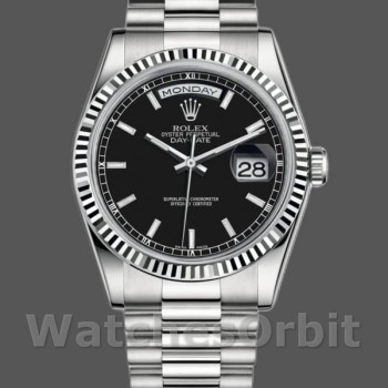 Replica Rolex Day-Date 36mm Unisex-118239-Witgoud-Zwarte Wijzerplaat-Gefleerde Ring Zwart