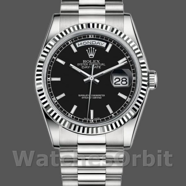 Replica Rolex Day-Date 36mm Unisex-118239-Witgoud-Zwarte Wijzerplaat-Gefleerde Ring Zwart