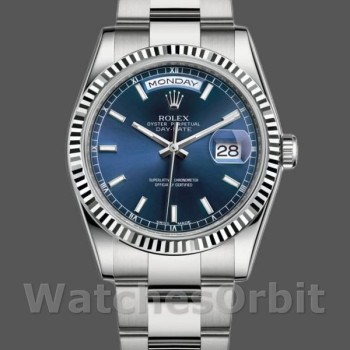 Replica Rolex Day-Date 36mm Unisex-118239-Witgoud-Blauwe Wijzerplaat-Gefleerde Ring Blauw
