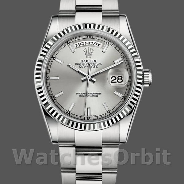 Replica Rolex Day-Date 36mm Unisex-118239-Wit goud-Zilveren wijzerplaat Zilver
