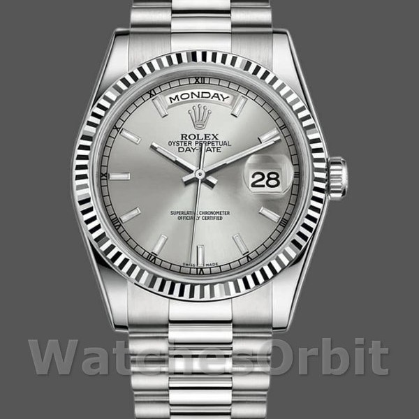 Replica Rolex Day-Date 36mm Unisex-118239-Wit goud-Zilveren wijzerplaat-Gefleerde lunette Zilver