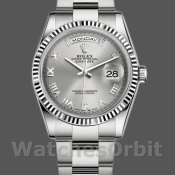 Replica Rolex Day-Date 36mm Unisex-118239-Wit goud-Zilver Romeinse cijfers Wijzerplaat Zilver