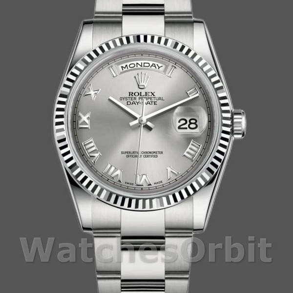 Replica Rolex Day-Date 36mm Unisex-118239-Wit goud-Zilver Romeinse cijfers Wijzerplaat Zilver