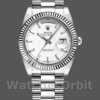Replica Rolex Day-Date 36mm Unisex-118239-Wit goud-Witte wijzerplaat-Gefleerde lunette Wit