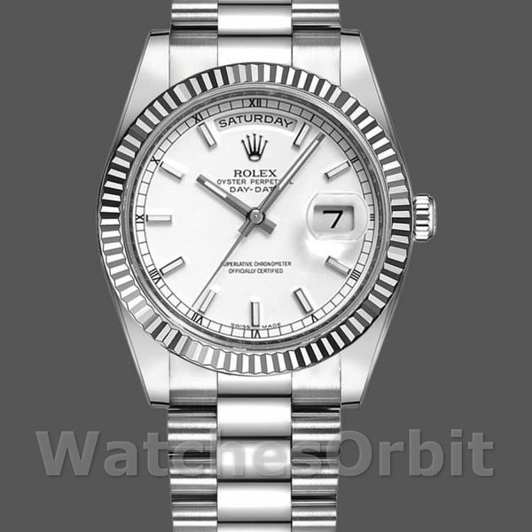 Replica Rolex Day-Date 36mm Unisex-118239-Wit goud-Witte wijzerplaat-Gefleerde lunette Wit