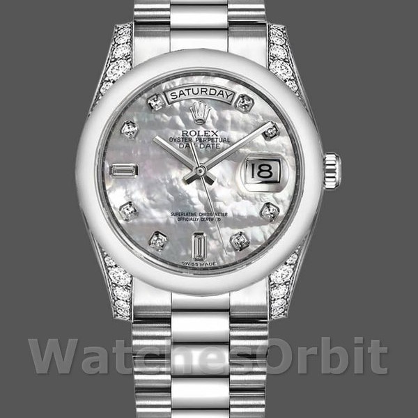 Replica Rolex Day-Date 36mm voor heren-118296-Platina-MOP Witte wijzerplaat-Diamant MOP