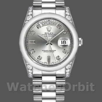 Replica Rolex Day-Date 36mm Unisex-118296-Platina-Zilveren Wijzerplaat-Diamant Zilver