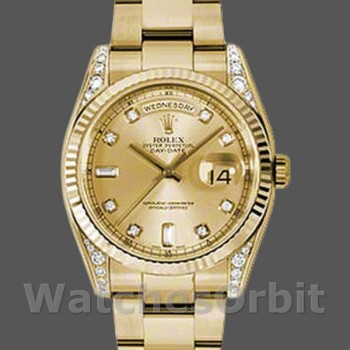 Replica Rolex Day-Date 36mm Unisex-118338-Champagne Diamonds Dial Champagne