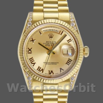 Replica Rolex Day-Date 36mm Unisex-118338-Champagne Roman Dial-Diamond Bezel Champagne
