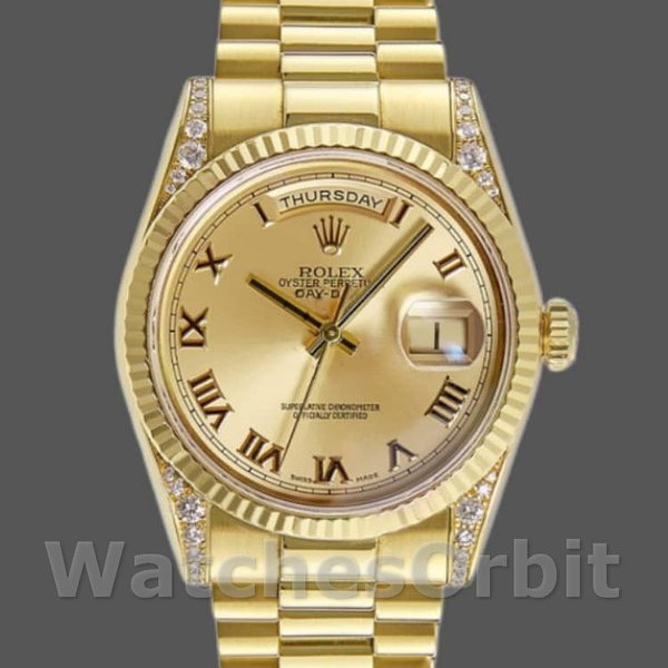 Replica Rolex Day-Date 36mm Unisex-118338-Champagne Roman Dial-Diamond Bezel Champagne