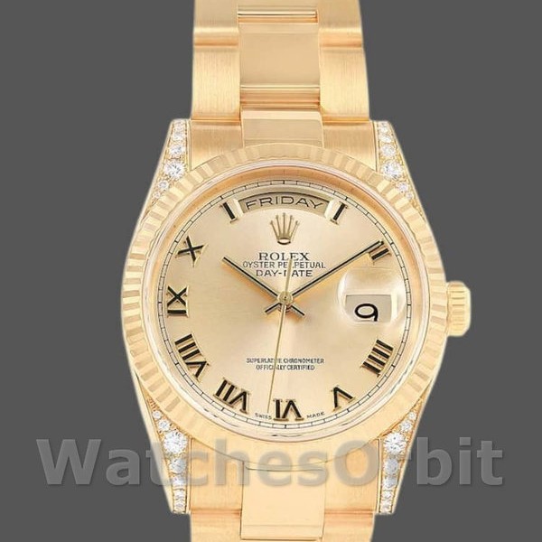 Replica Rolex Day-Date 36mm Unisex-118338 Geelgoud-Kampagne Wijzerplaat-Romeinse Cijfers Champagne