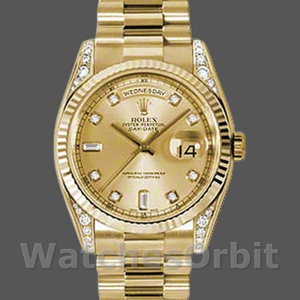 Replica Rolex Day-Date 36mm Unisex-118338 Geelgoud-Kampioen Diamanten Wijzerplaat Champagne