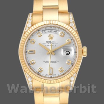 Replica Rolex Day-Date 36mm Unisex-118338 Geelgoud-Zilver Diamanten Wijzerplaat Zilver