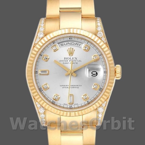 Replica Rolex Day-Date 36mm Unisex-118338 Geelgoud-Zilver Diamanten Wijzerplaat Zilver