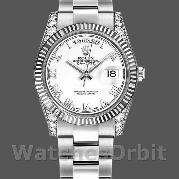Replica Rolex Day-Date 36mm Unisex-118339-Wit goud-Witte wijzerplaat-Gefleerde lunette wit<br />
