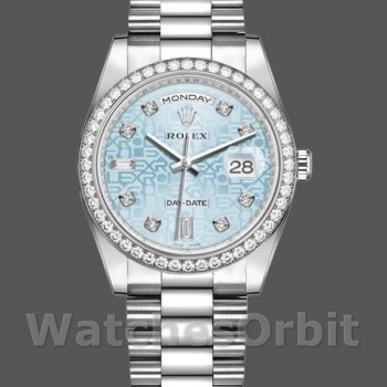 Replica Rolex Day-Date 36mm Unisex-118346-Blauwe Diamanten Wijzerplaat-Platina Ijsblauw