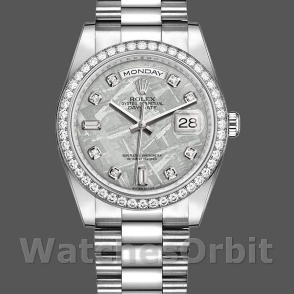 Replica Rolex Day-Date 36mm Unisex-118346-Platina-Diamant Bezel-Meteoriet Wijzerplaat Meteoriet<br />