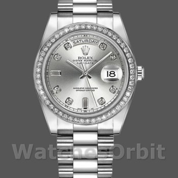 Replica Rolex Day-Date 36mm unisex-118346-Zilveren wijzerplaat-diamant zilver