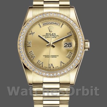 Replica Rolex Day-Date 36mm voor heren-118348-Champagne wijzerplaat-gelig goud