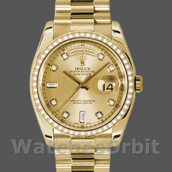 Replica Heren Rolex Day-Date 36mm Unisex-118348-Champagne Diamond Dial-Geel Goud