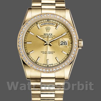 Replica Rolex Day-Date 36mm Unisex-118348-Champagne Index Dial Geelgoud