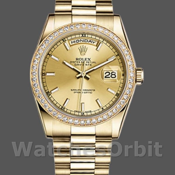 Replica Rolex Day-Date 36mm Unisex-118348-Champagne Index Dial Geelgoud