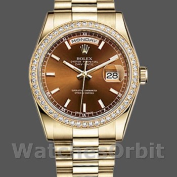 Replica Rolex Day-Date 36mm Unisex-118348-Chocoladebruine wijzerplaat-Geel Goud Chocoladebruin<br />