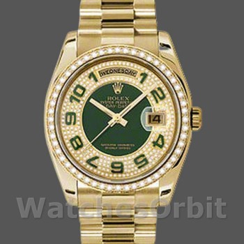 Replica Rolex Day-Date 36mm Unisex-118348-Green Diamond Dial-Geel Gold Green
