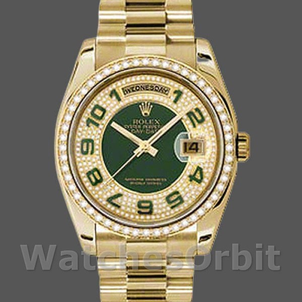 Replica Rolex Day-Date 36mm Unisex-118348-Green Diamond Dial-Geel Gold Green
