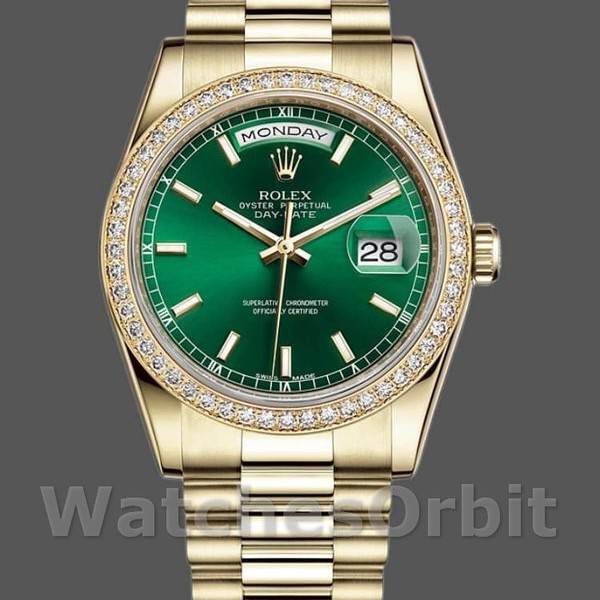 Replica Rolex Day-Date 36mm unisex-118348-Green Index Dial-Yellow Gold Green