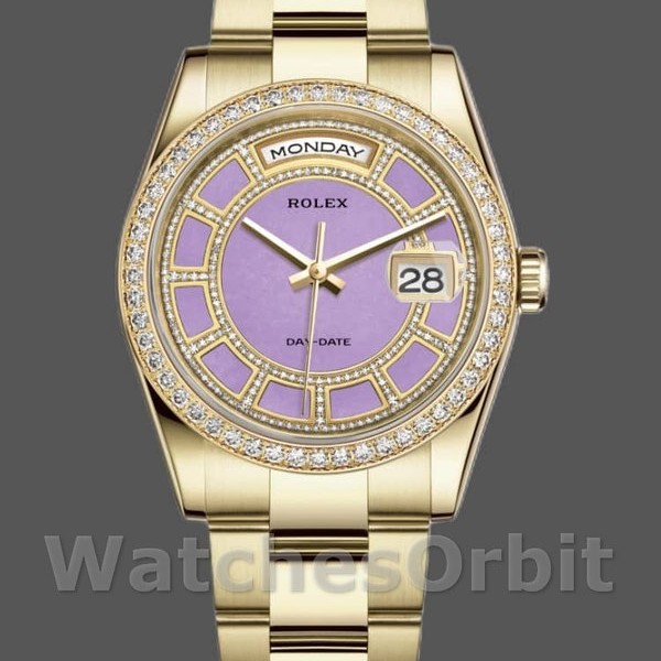 Replica Rolex Day-Date 36mm unisex-118348-Lavendel Jade Carrousel Dial-Geel Goud Lavendel<br />