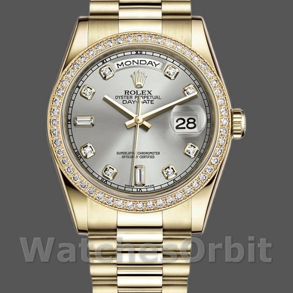 Replica Rolex Day-Date 36mm Unisex-118348-Zilver Diamond Dial Zilver