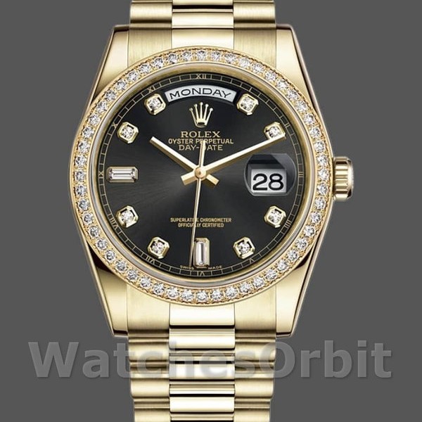 Replica Rolex Day-Date 36mm Unisex-118348 Geelgoud-Zwarte Diamanten Wijzerplaat Zwart<br />