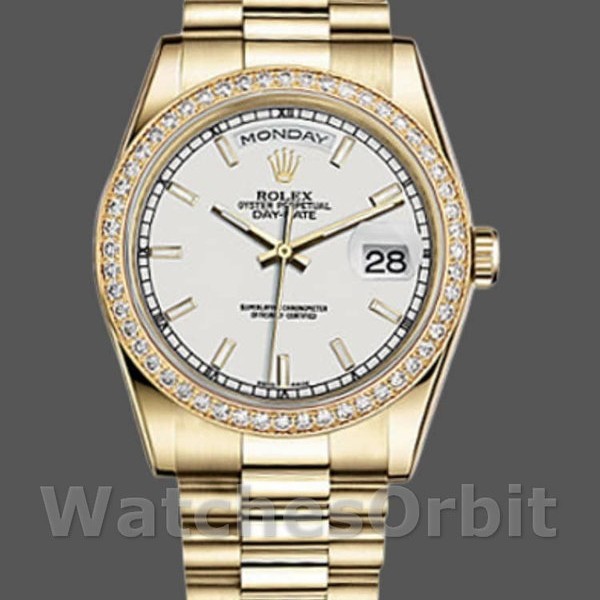 Replica Rolex Day-Date 36mm voor heren-118348 Geelgoud-Witte wijzerplaat<br />